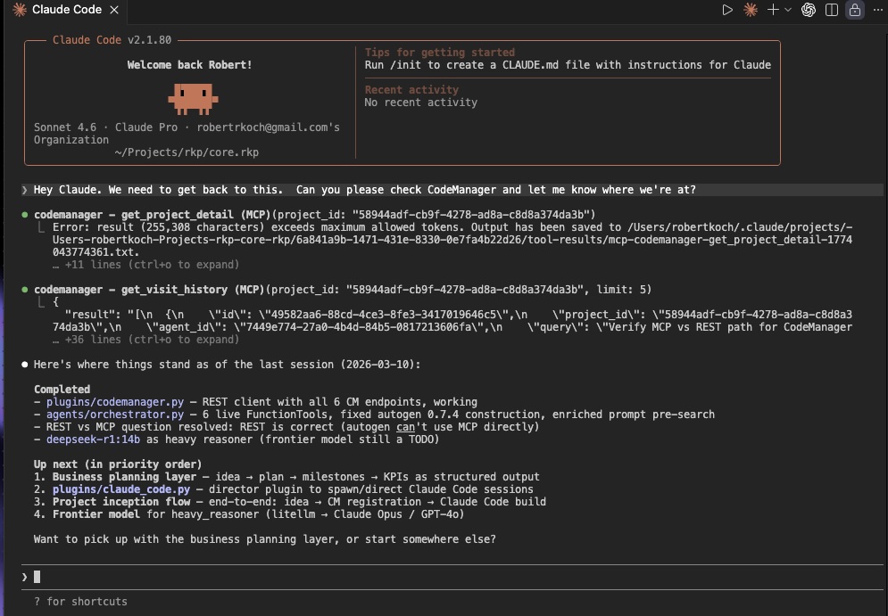 Claude Code checking into CodeManager at session start — oriented before a single line of work